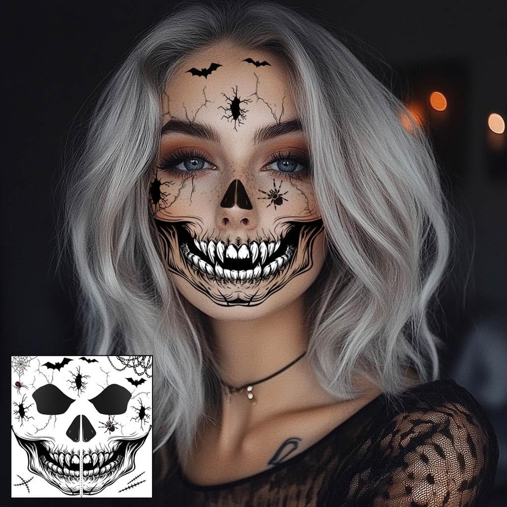 10Pcs Halloween Face Tattoos Ghost Face Temporary Tattoo, Skeleton Makeup
